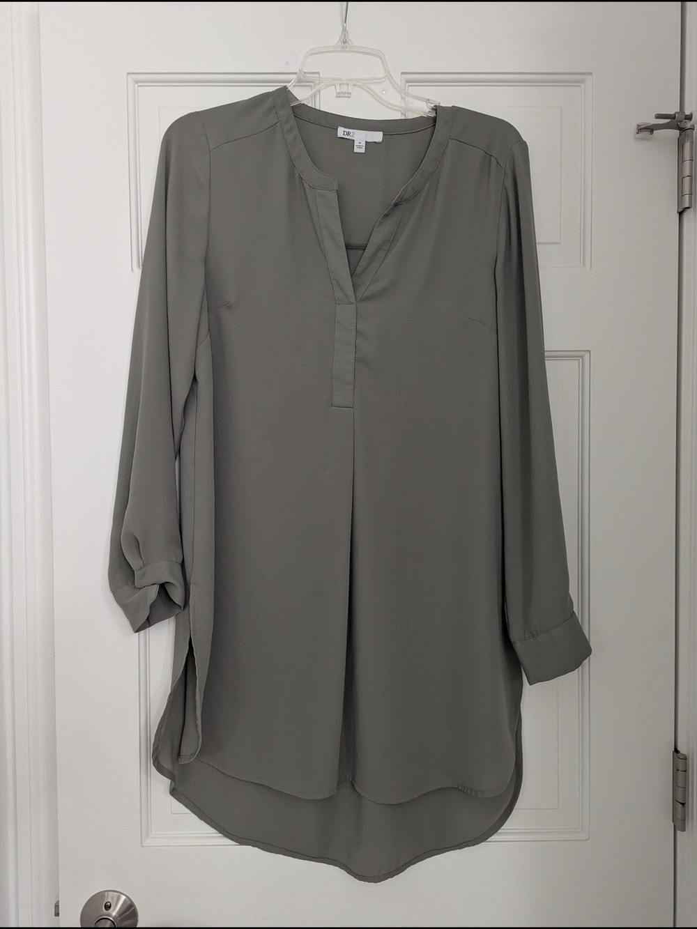 Eileen Fisher Olive Green Split-Neck Longline Blouse